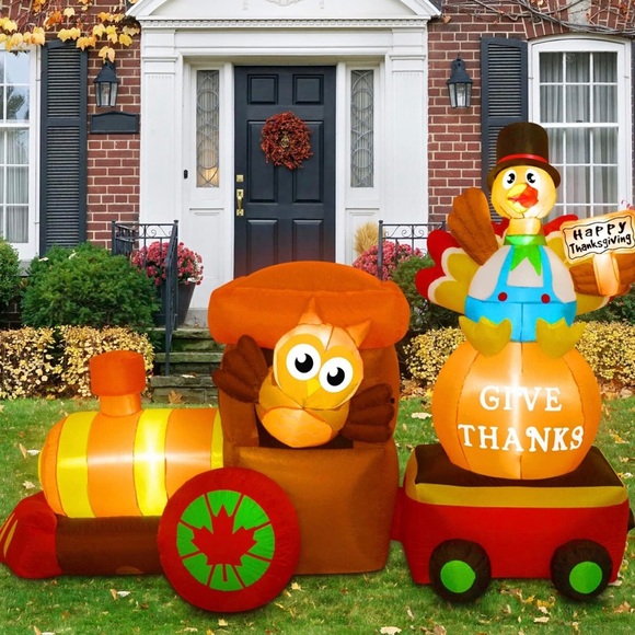 8.2 Ft Thanksgiving Inflatables Turkey Sitting on The Train with Pumpkin Owl